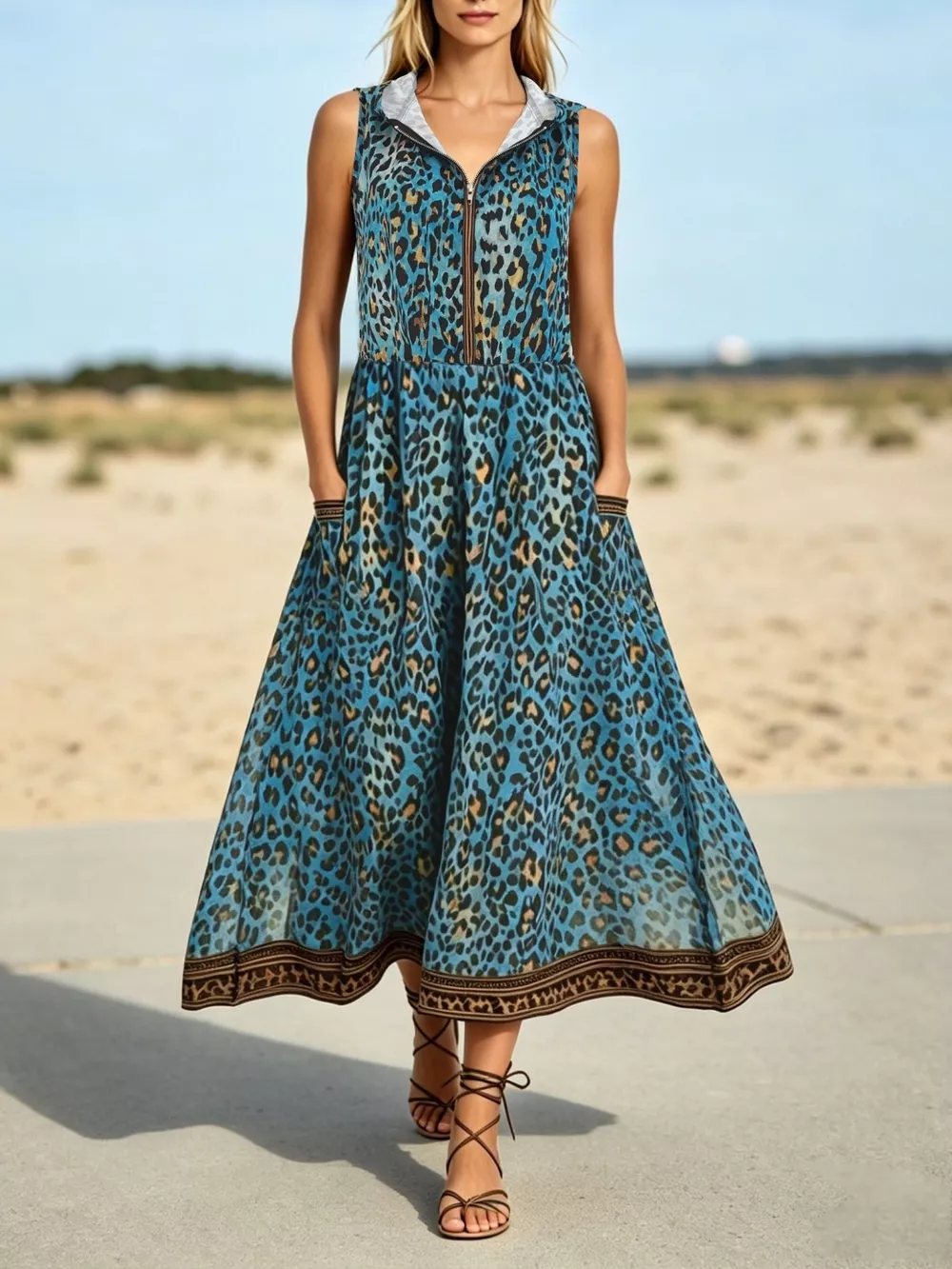 Leopard Zip Front Hooded Dress