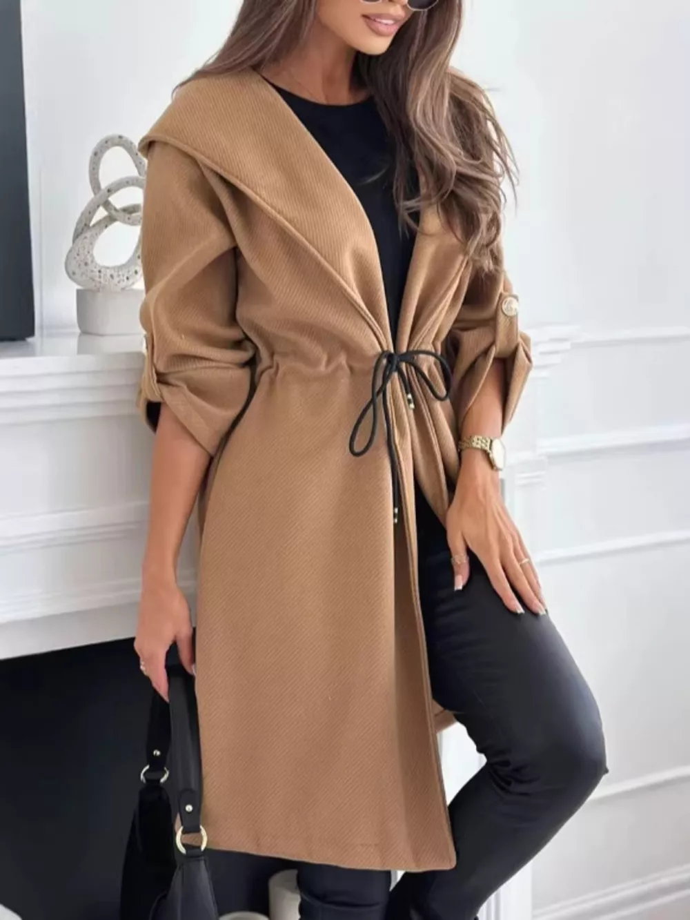 Full Size Hooded Drawstring Waist Casual Outerwear Plus Size