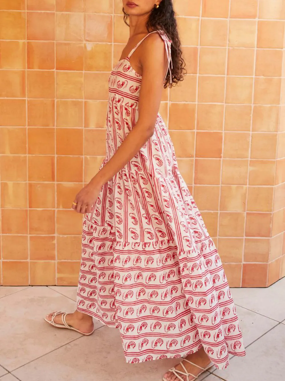 Striped Tie-Shoulder Tiered Maxi Dress, image 6