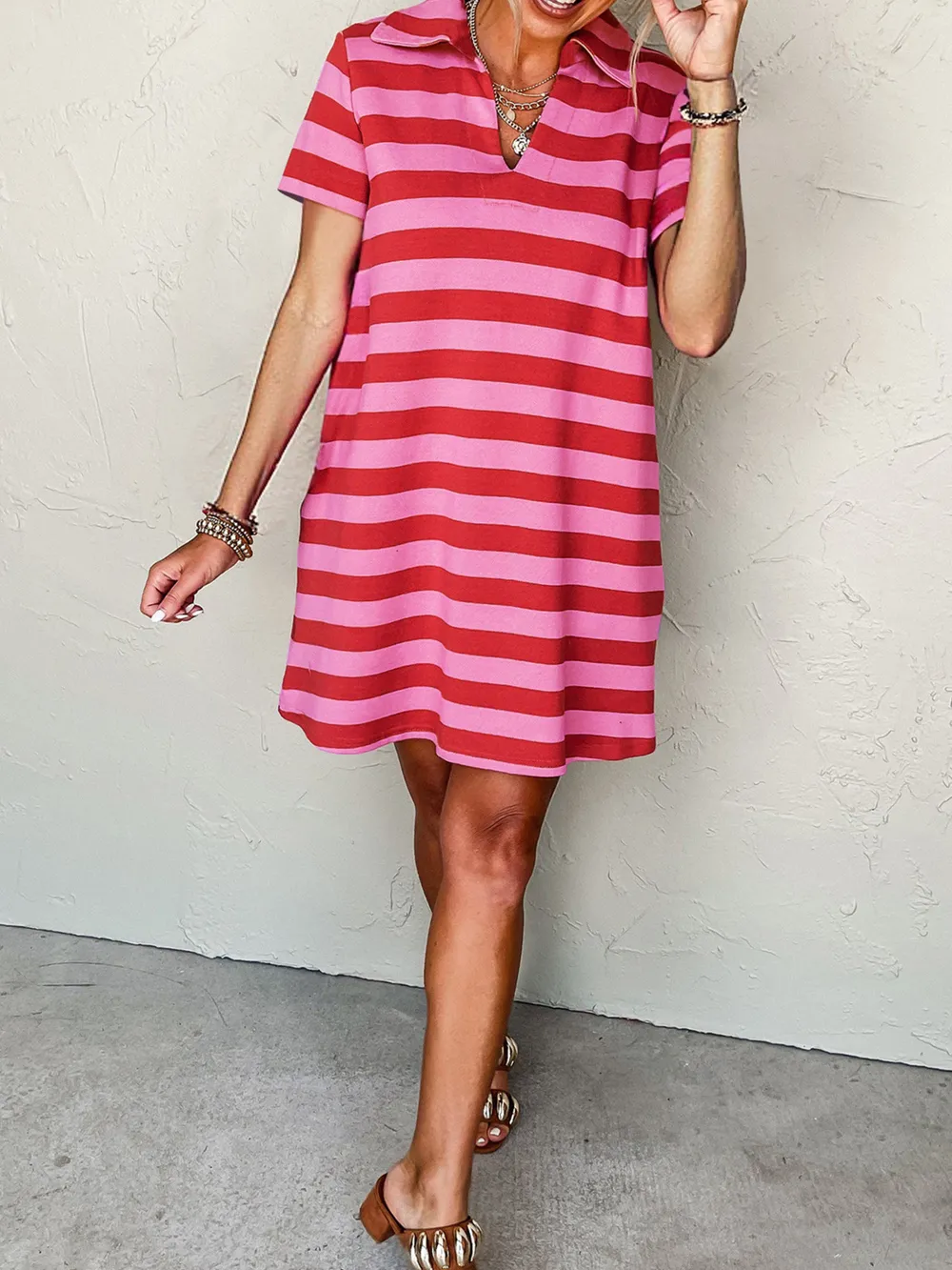Striped Johnny Collar Short Sleeve Dress, image 4