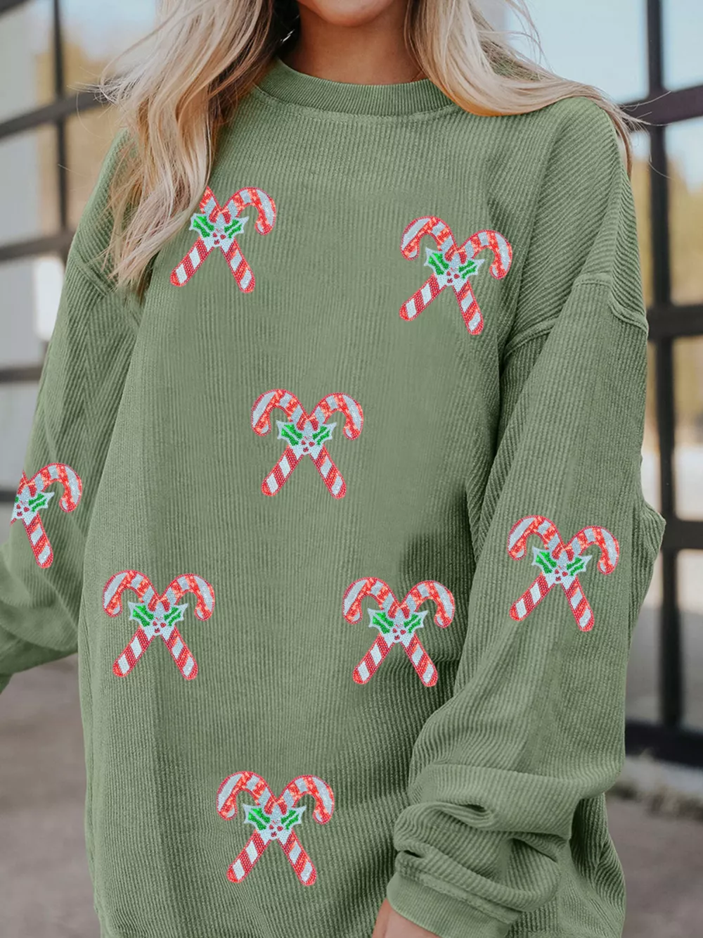 Candy Cane Shimmer Patched Corded Baggy Sweatshirt, image 4