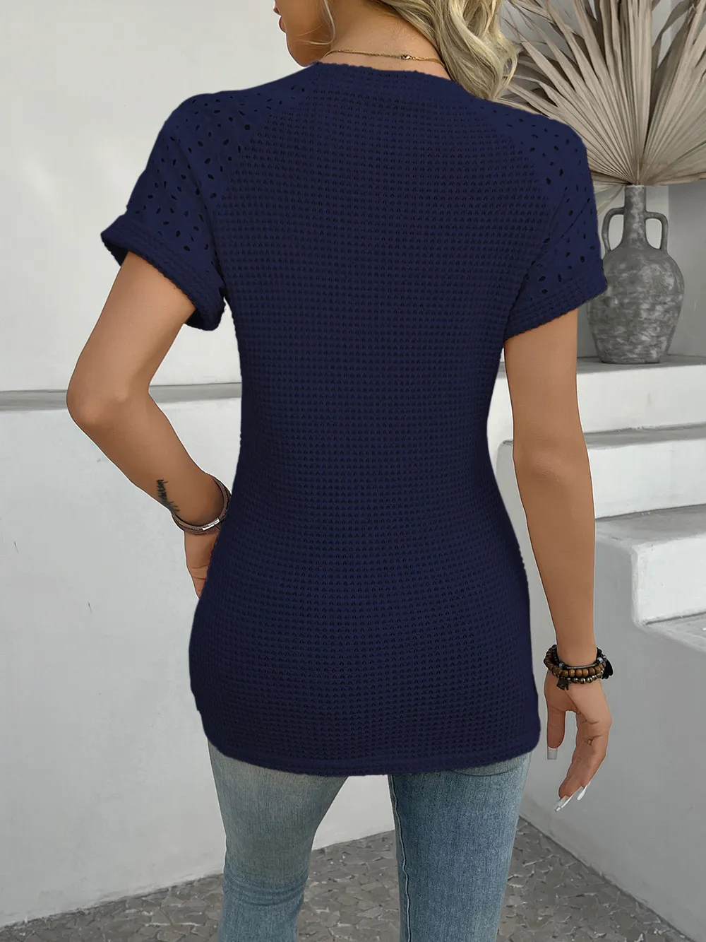 Hollow Out Waffle Knit Short Sleeve T-Shirt, image 25