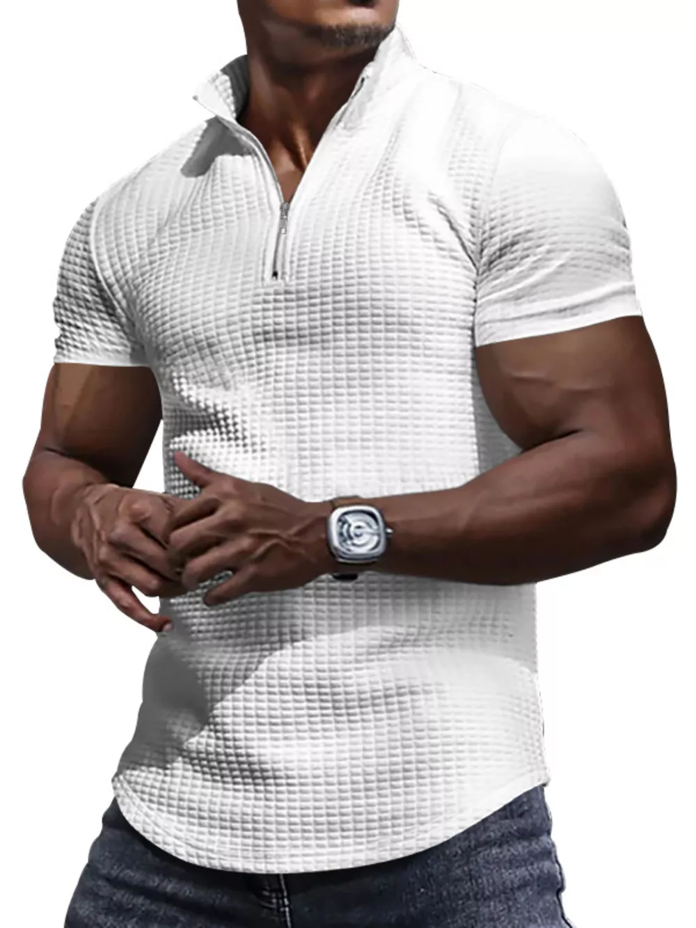 Men's Full Size Textured Short Sleeve Zipper Polo Plus Size, image 16