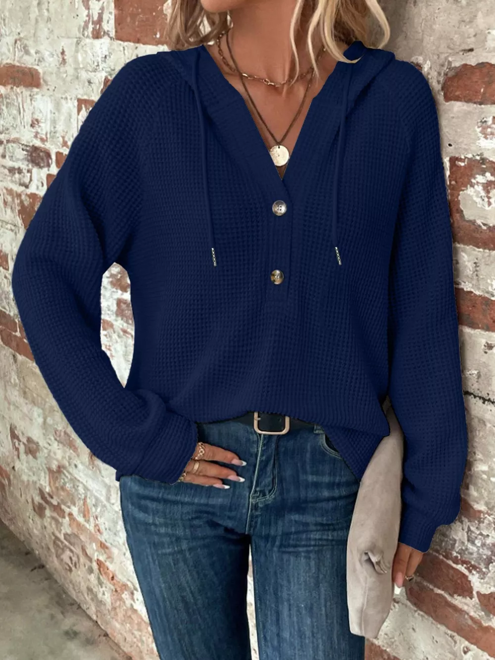 Waffle Knit Button Detail Hoodie, image 31
