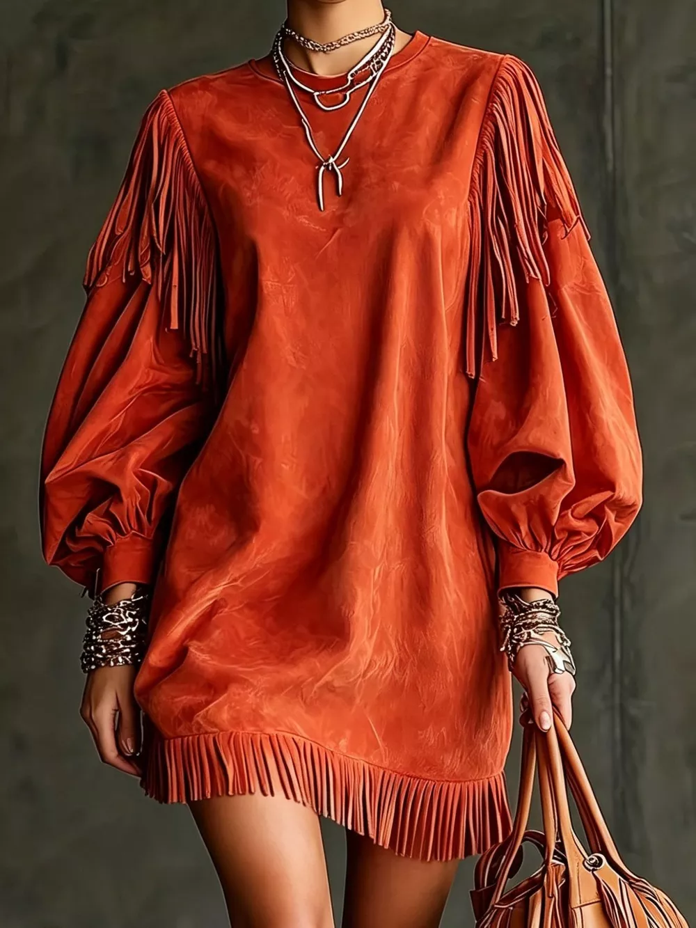 Fringe Detail Lantern Sleeve Mini Dress, image 4