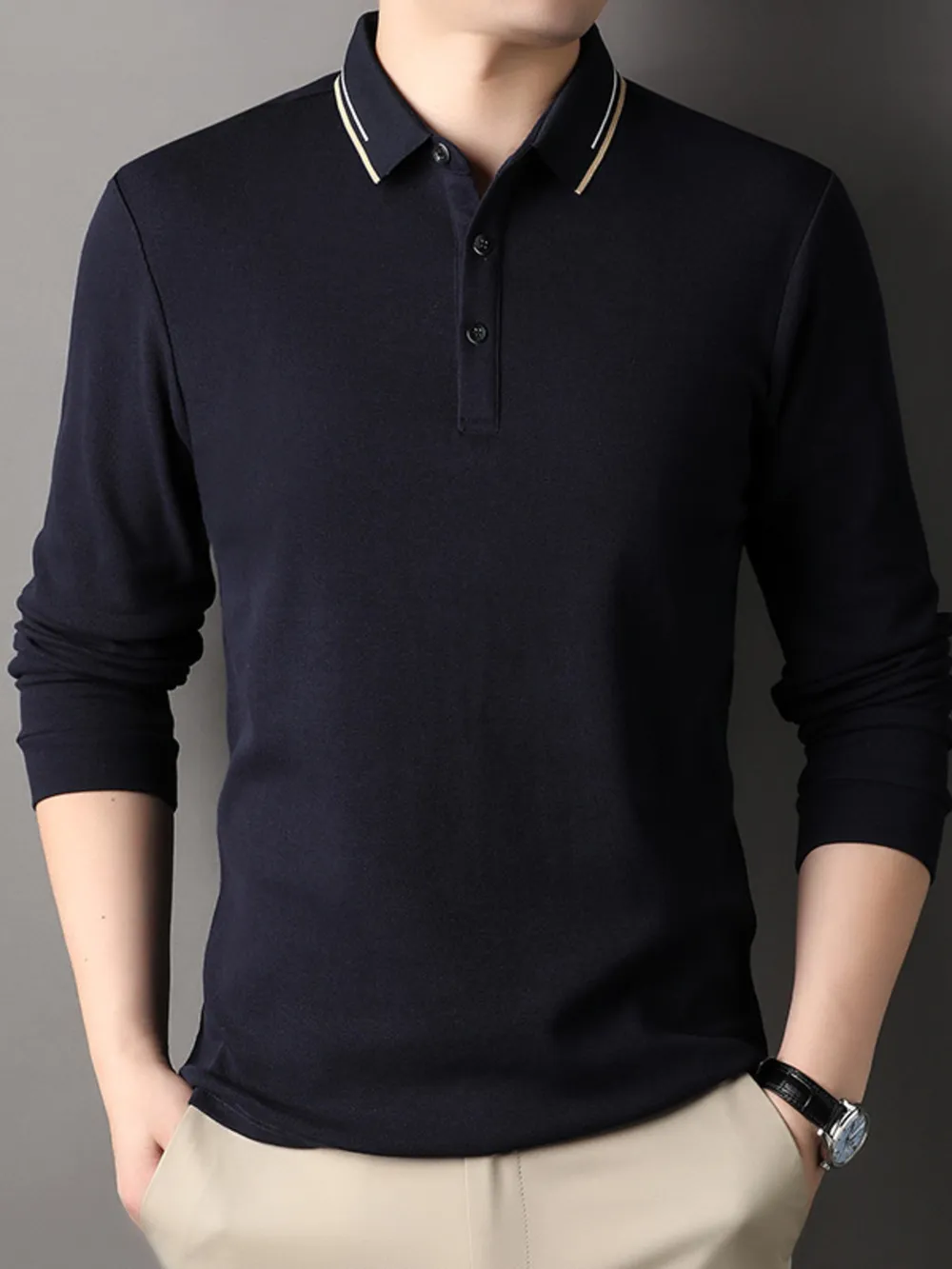 Men's Plus Size Collared Neck Long Sleeve Polo, image 2