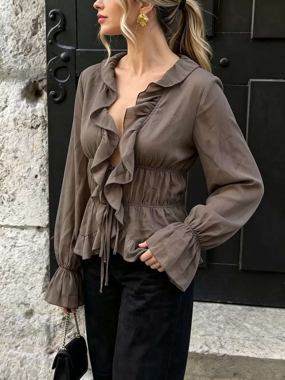 Ruffled V-Neck Long Sleeve Blouse, image 4