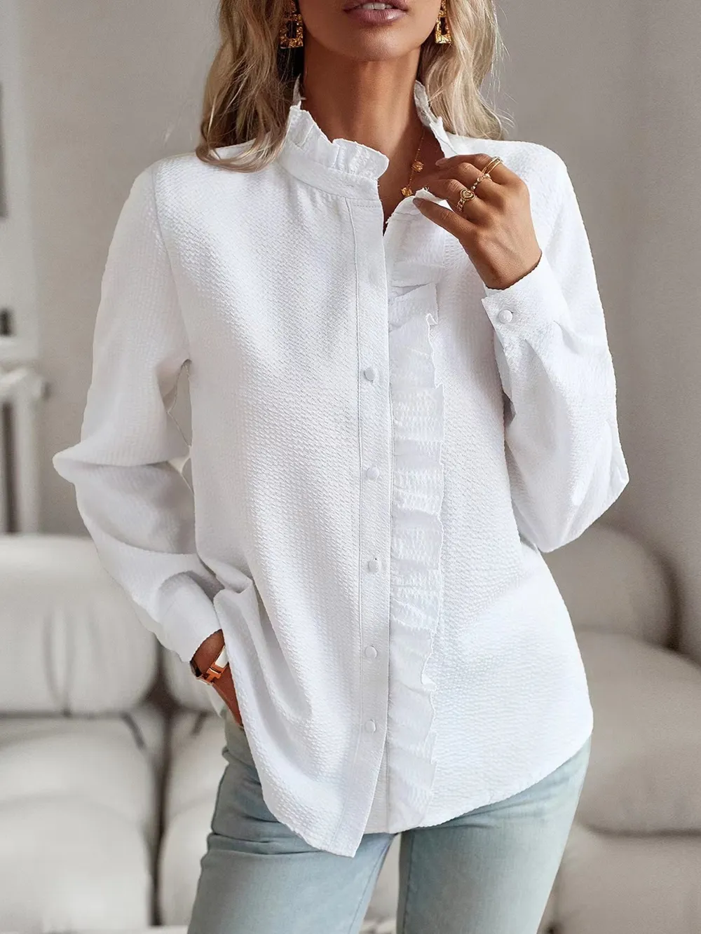 Striped Ruffle Detail Button-Up Blouse, image 13