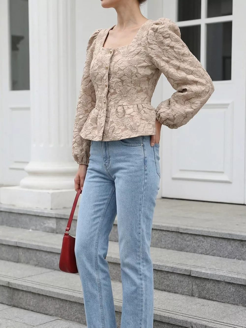 Square Neck Textured Peplum Blouse, image 15