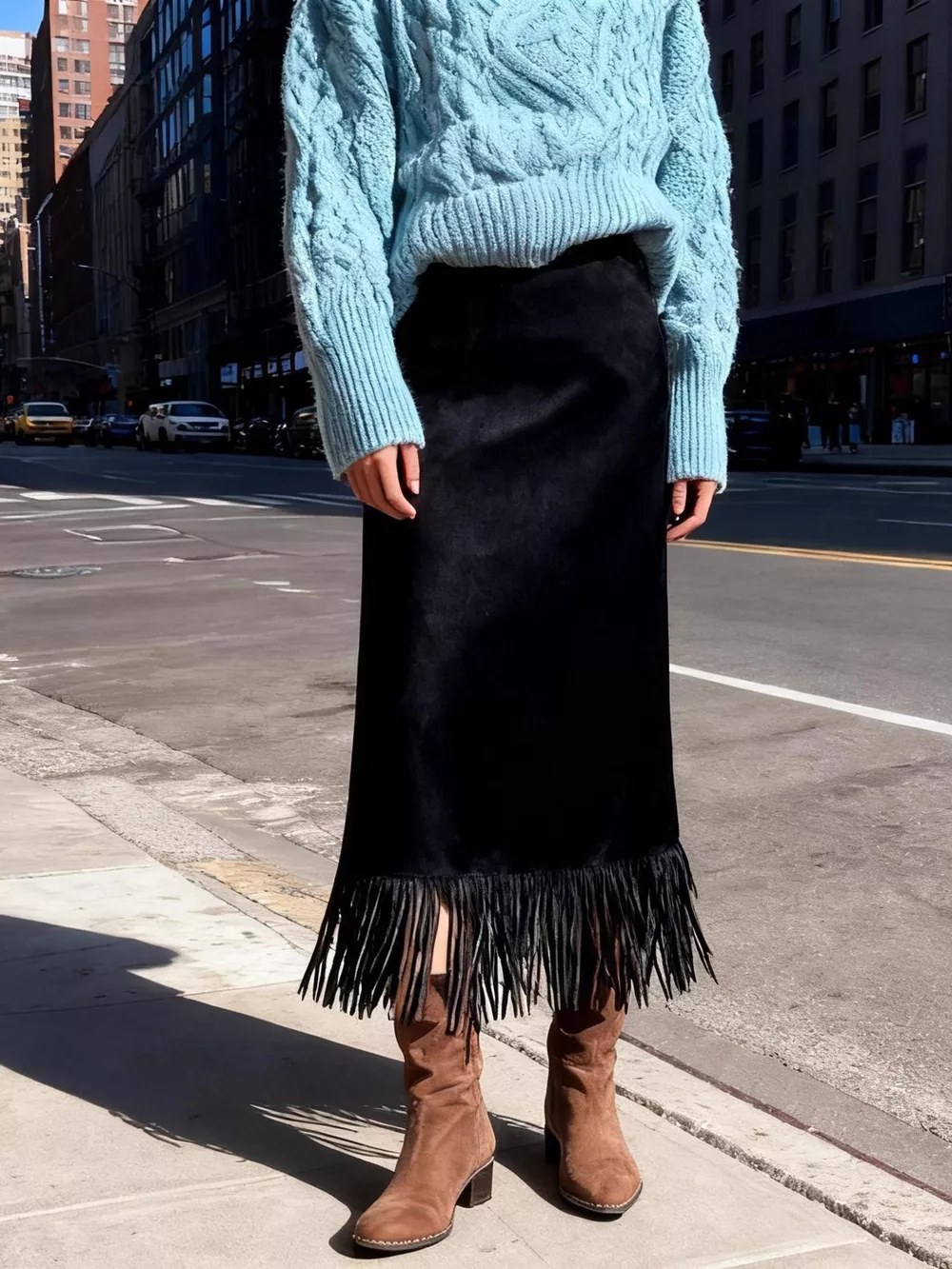High-Waisted Suede Fringe Midi Skirt, image 10