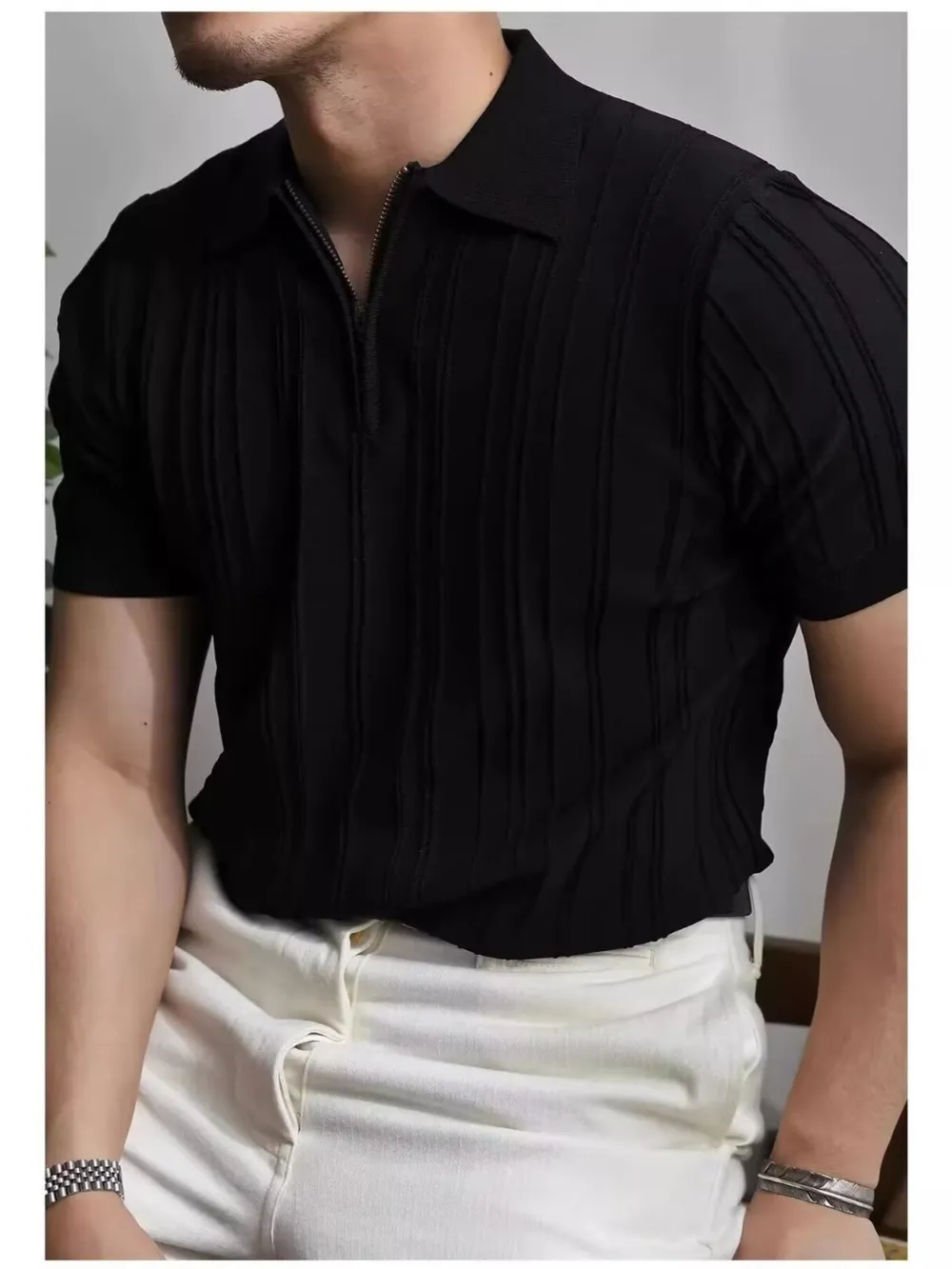 Men's Full Size Slim Fit Zip Collar Short Sleeve Polo Plus Size