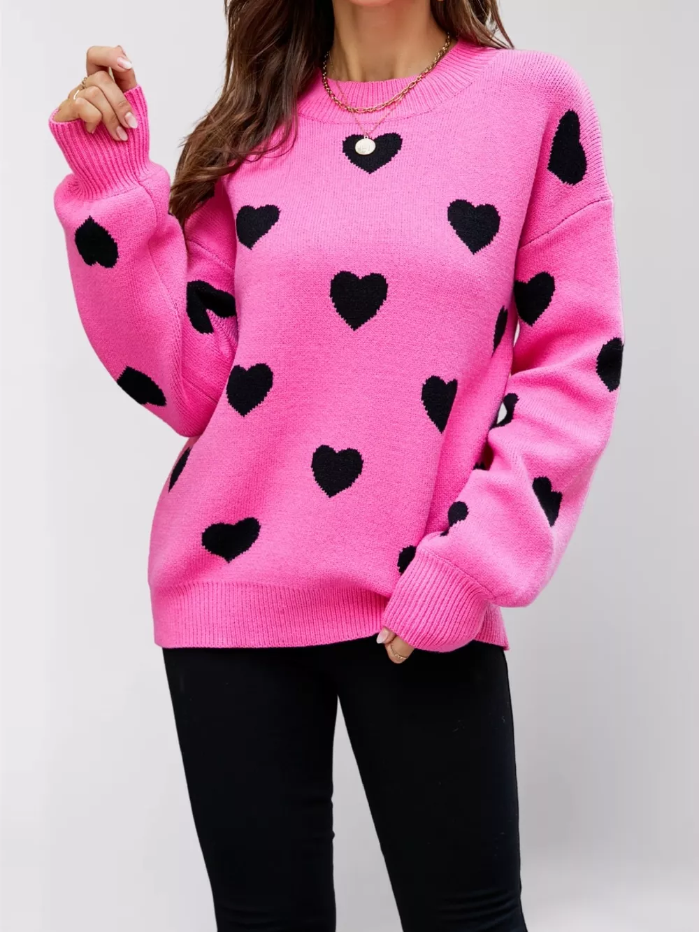 Heart-Patterned Dropped Shoulder Sweater, image 3