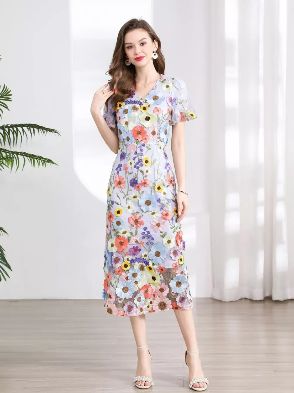 Floral Embroidered Puff Sleeve Midi Dress, image 14