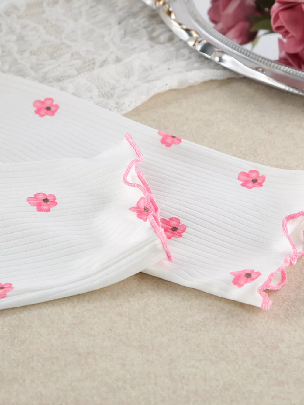 Floral Print Ribbed Knit Top and Shorts Lounge Set, image 8