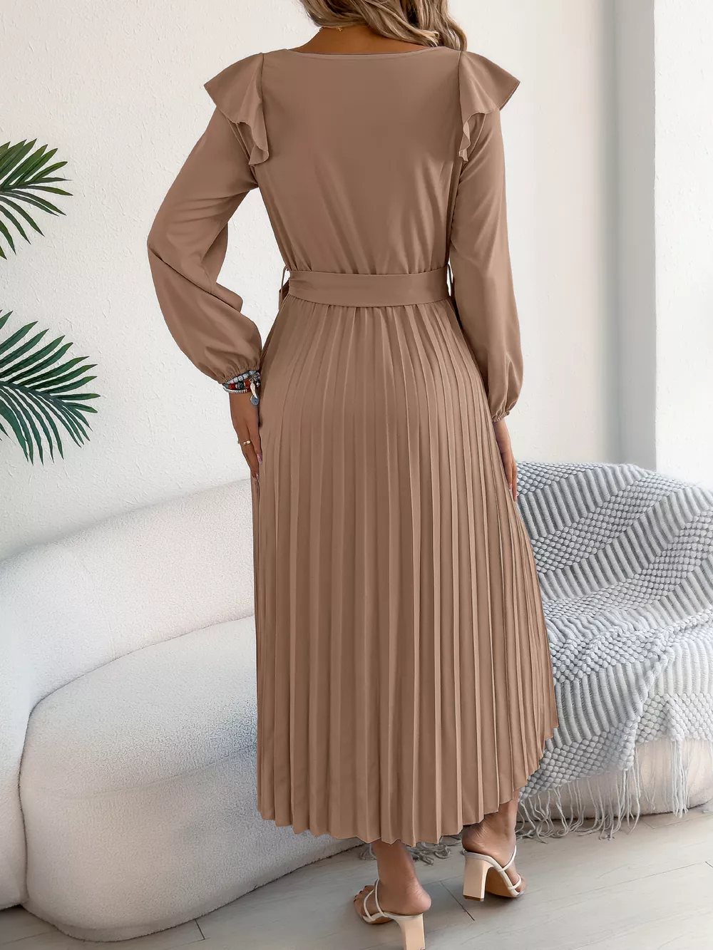 Ruffled Pleated Midi Dress with Waist Tie, image 20