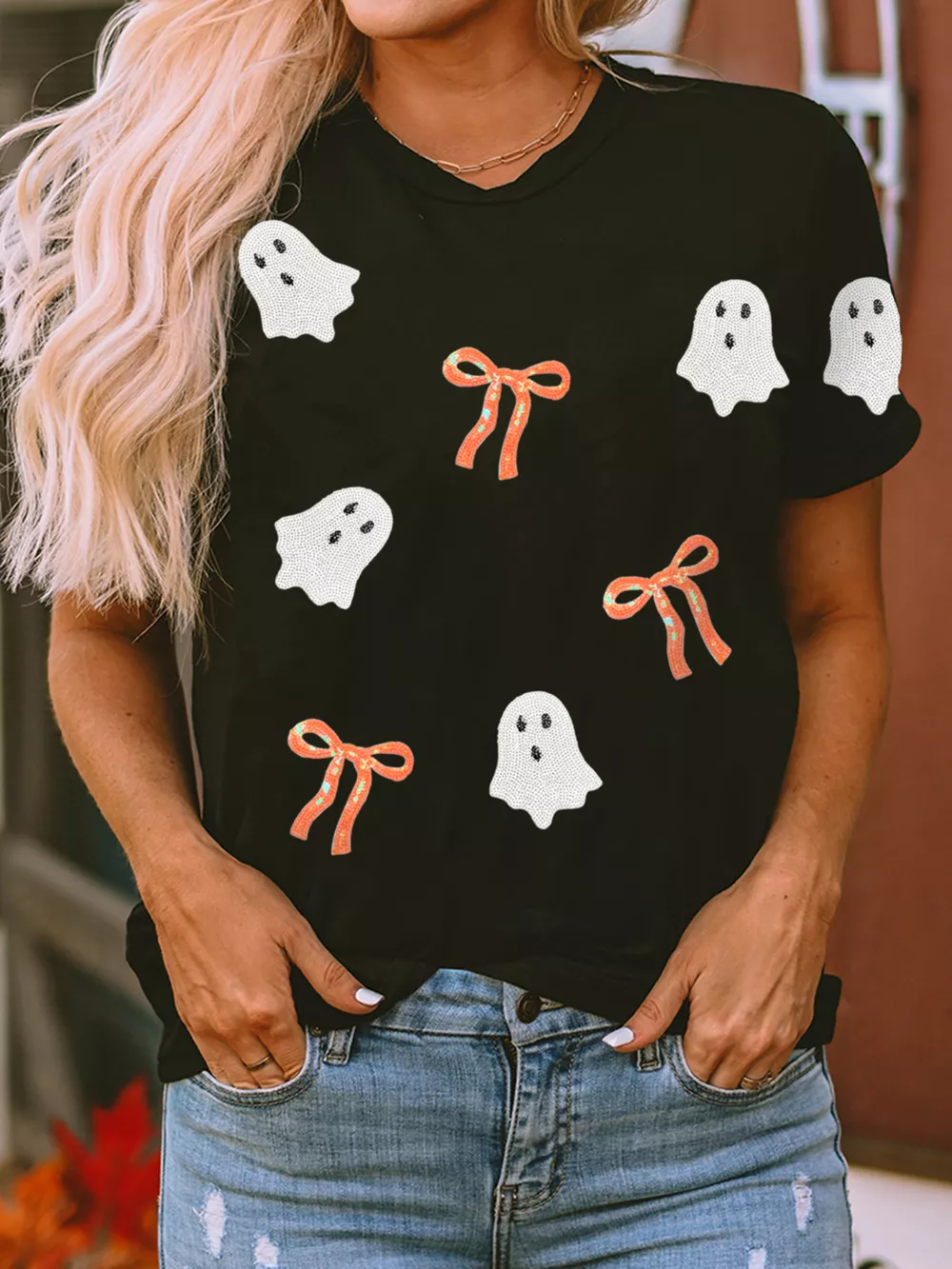 Halloween Ghost Bow Sequin Patched Drop Shoulder Sweatshirt, image 3