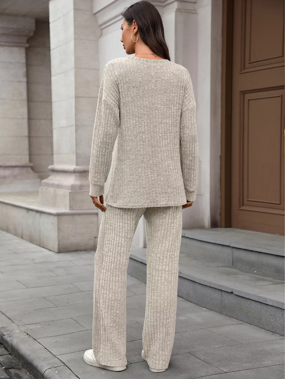 Ribbed Round Neck Top and Pants Set, image 12