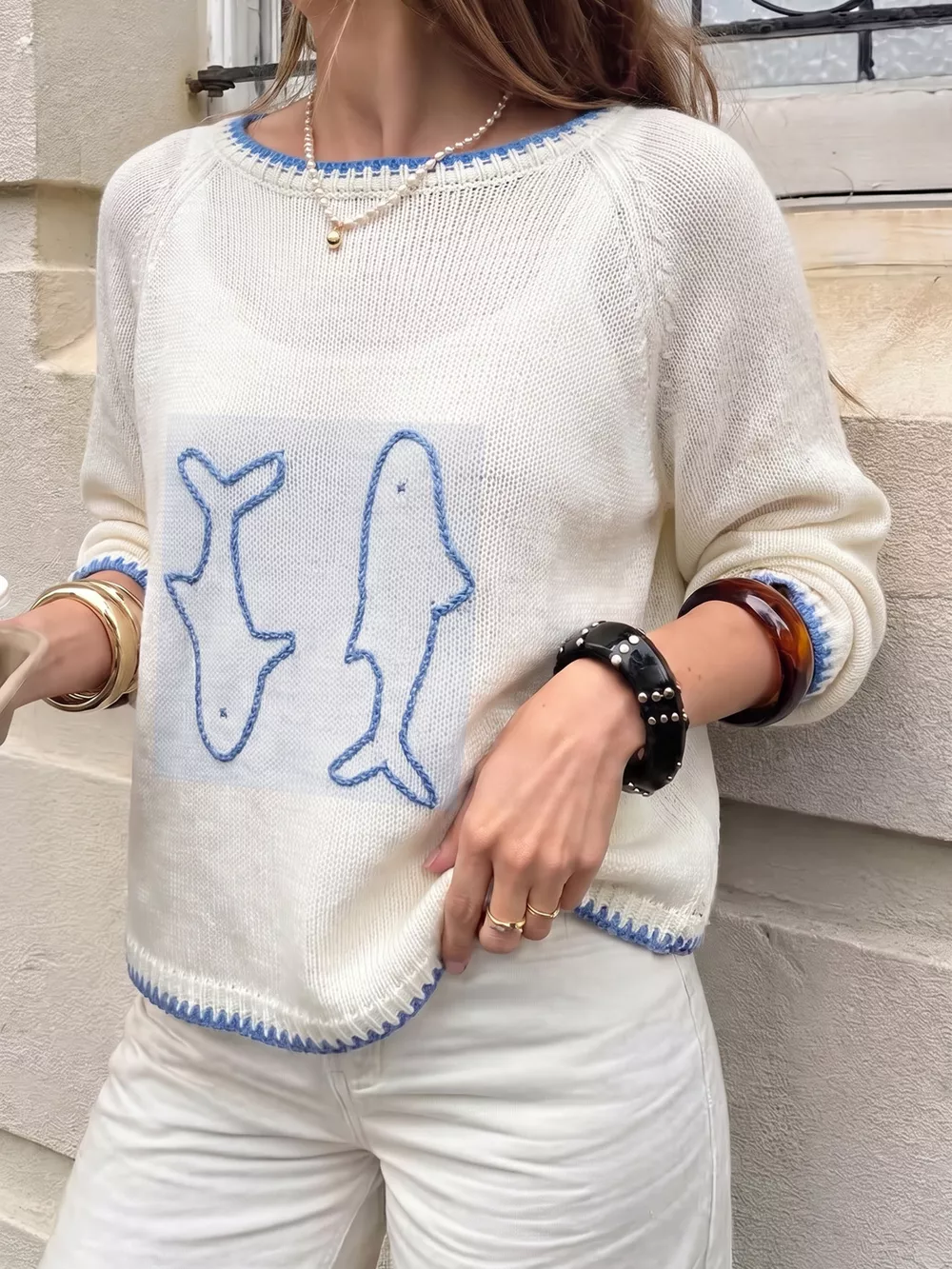 Fish Contrast Trim Knit Top, image 5