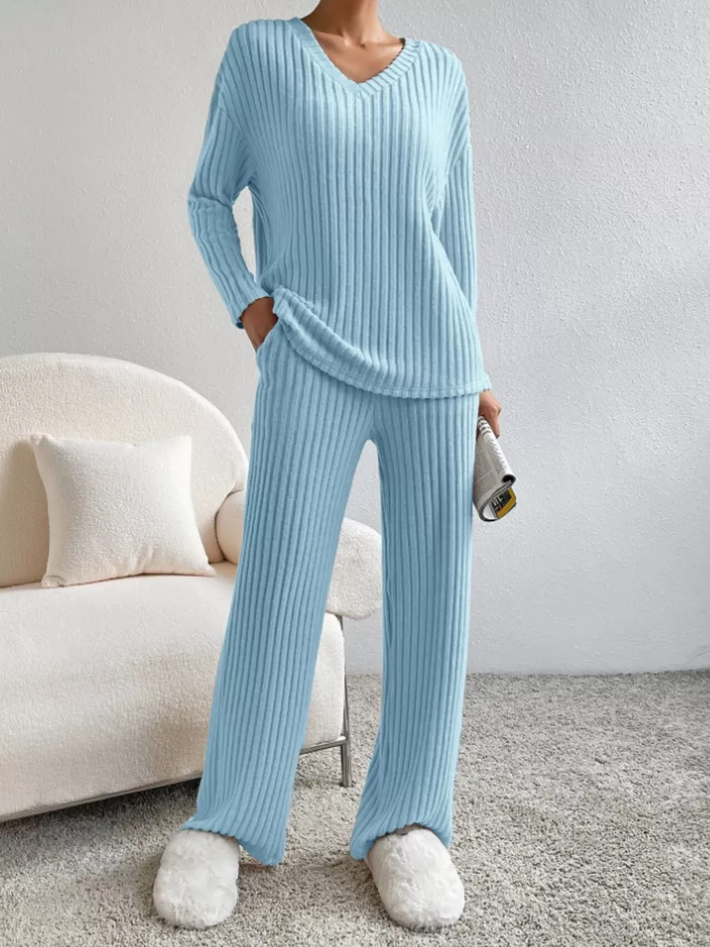 Ribbed Knit Long Sleeve Top and Pants Set, image 9