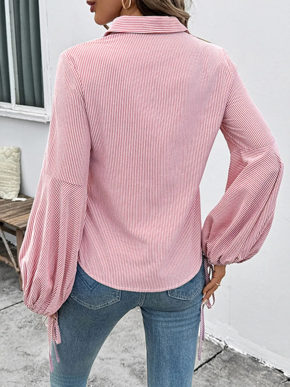 Striped Balloon Sleeve Button-Up Shirt, image 6