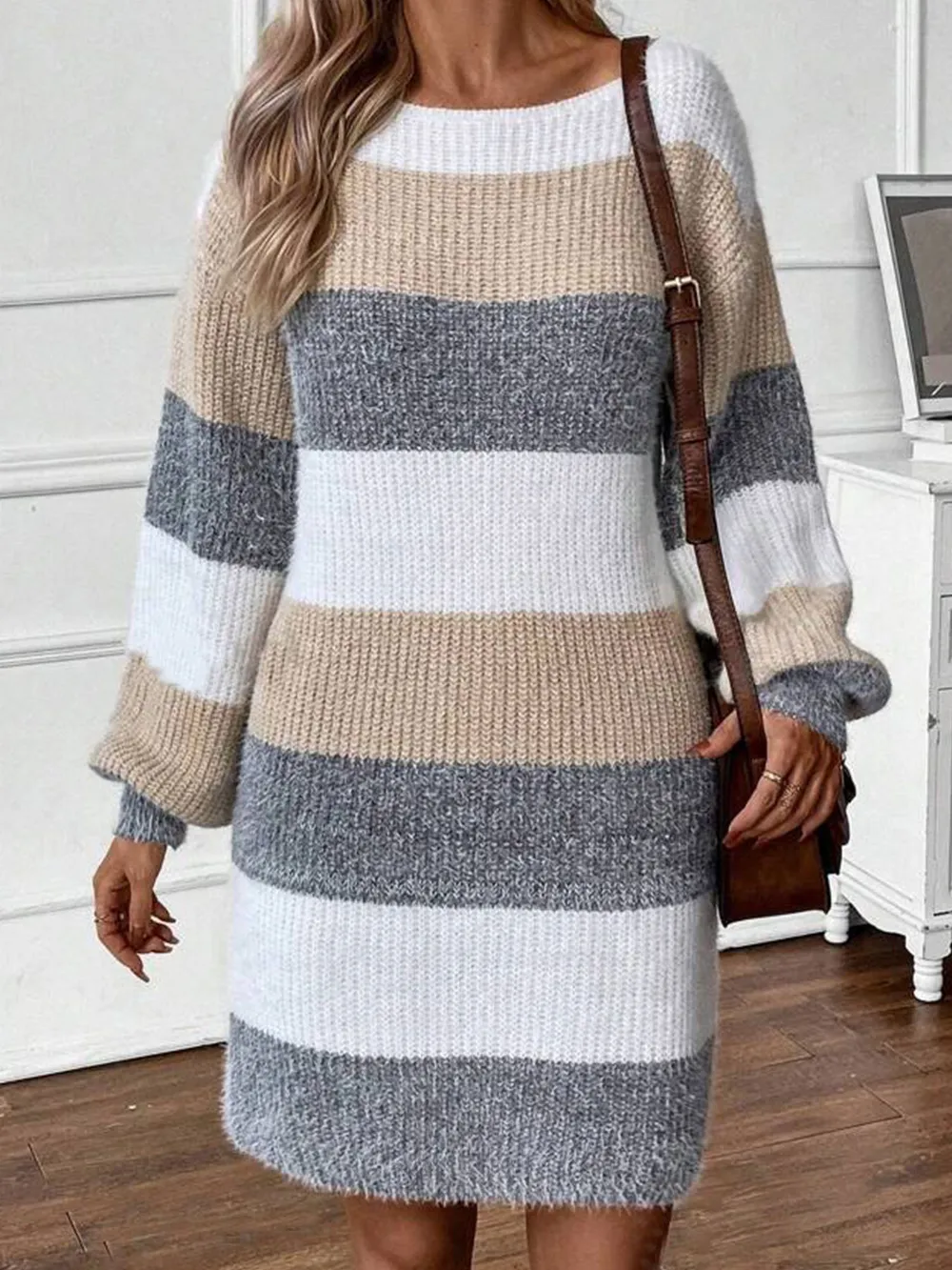 Color Block Long Sleeve Sweater Dress, image 5