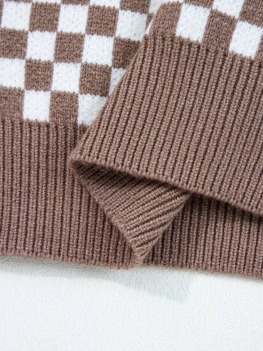 Half Button Ribbed Trim Checkerboard Knit Sweater, image 12