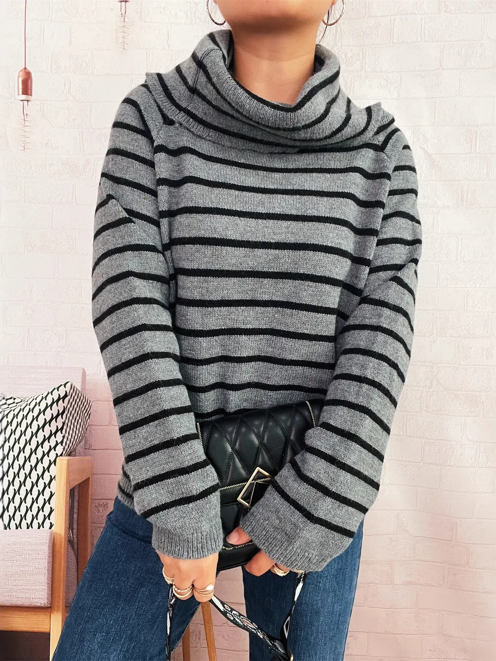 Striped Turtleneck Long Sleeve Sweater, image 4