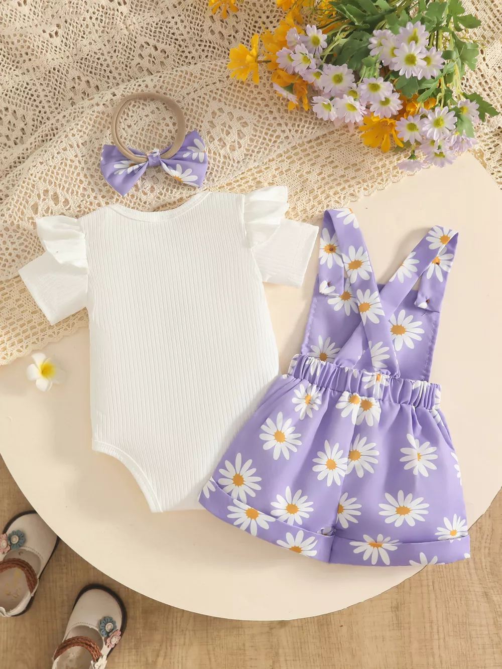 Children's Floral Print Overalls and Ribbed Top Set with Bow Headband, image 6