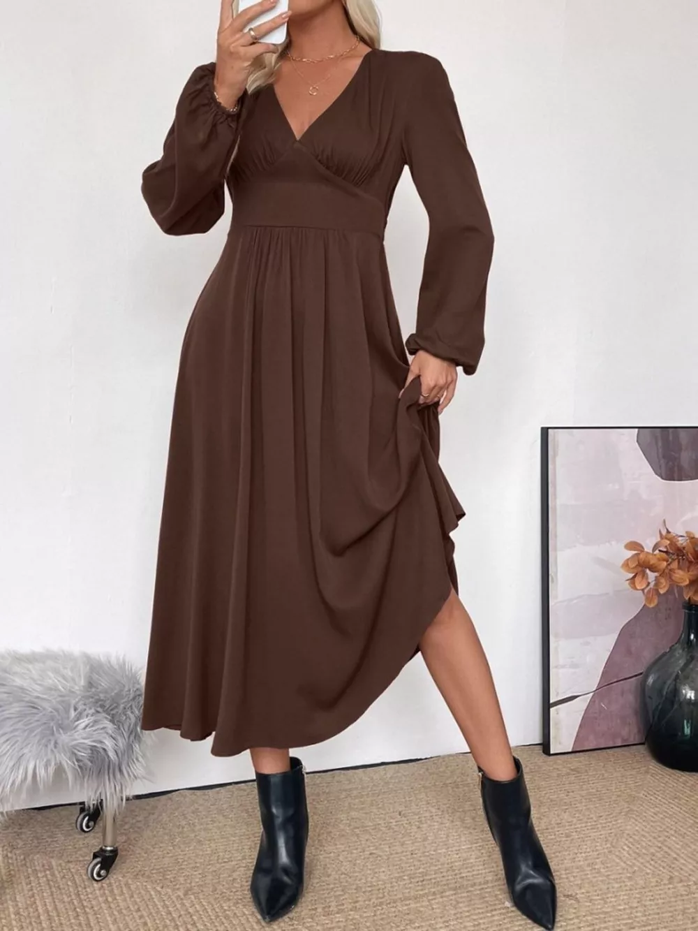 V-Neck Long Sleeve A-Line Midi Dress, image 5