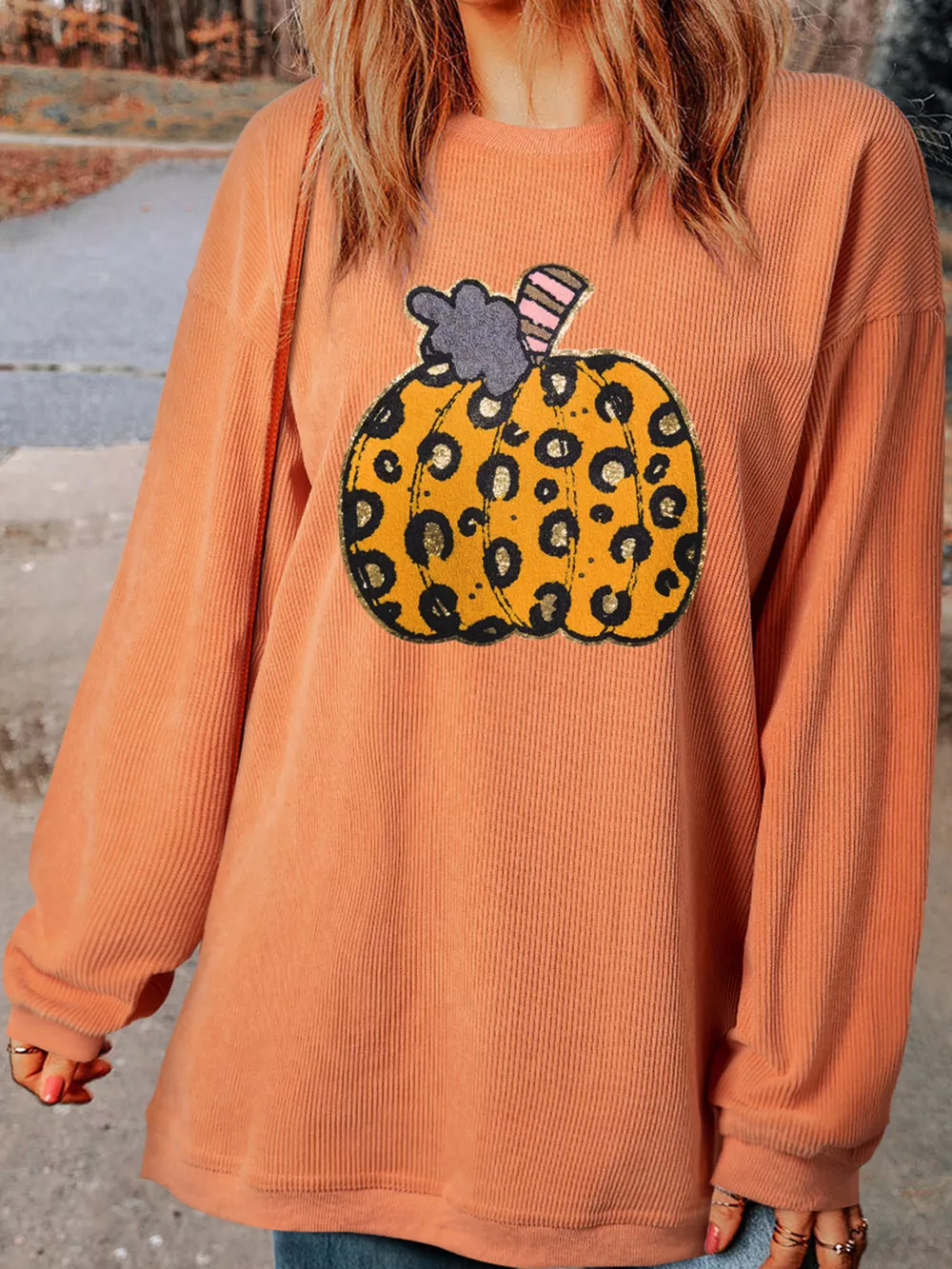 Halloween Leopard Pumpkin Patchwork Ribbed Sweatshirt, image 4