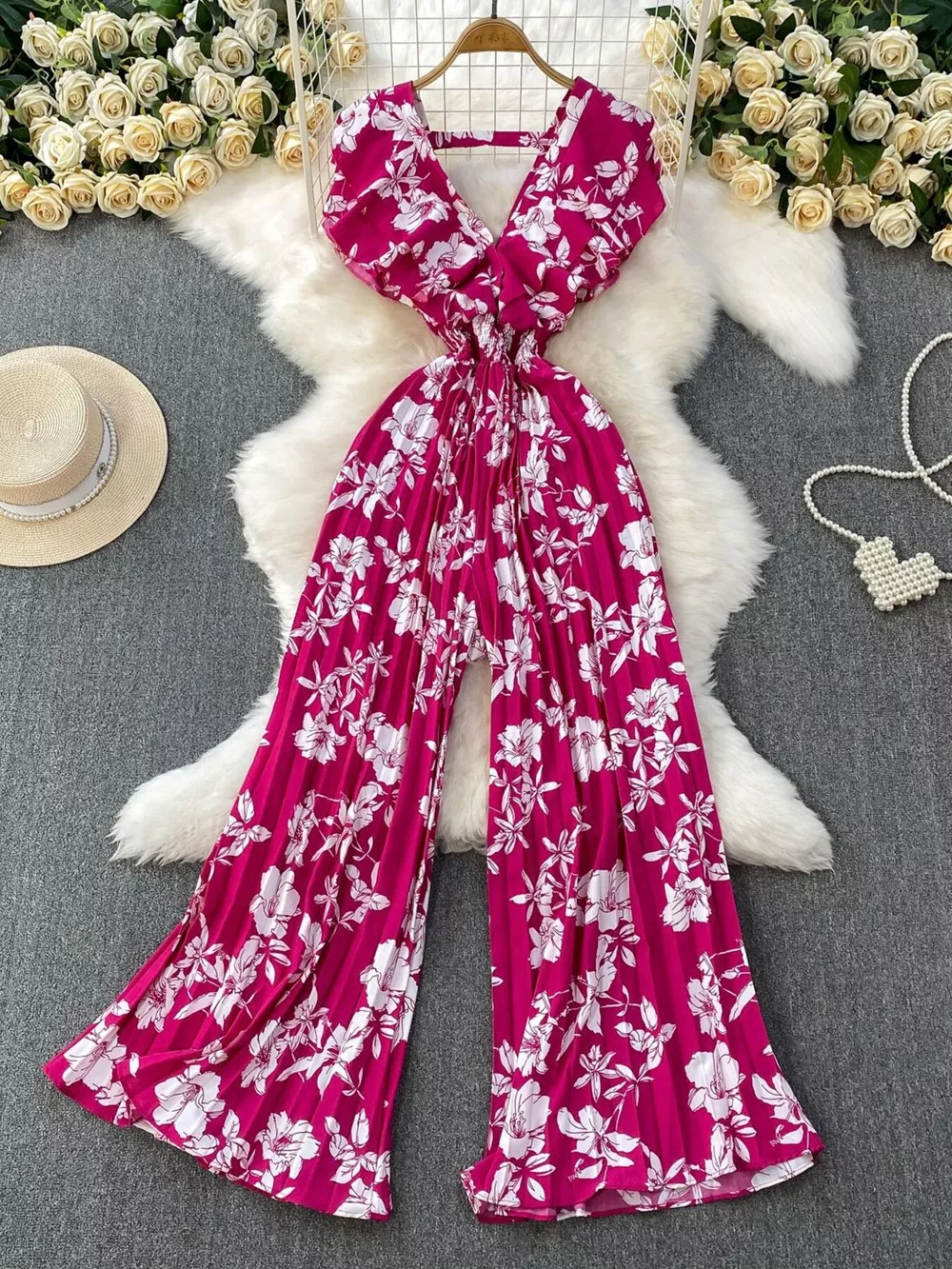 Floral Print Wide Leg Pleated Jumpsuit, image 8