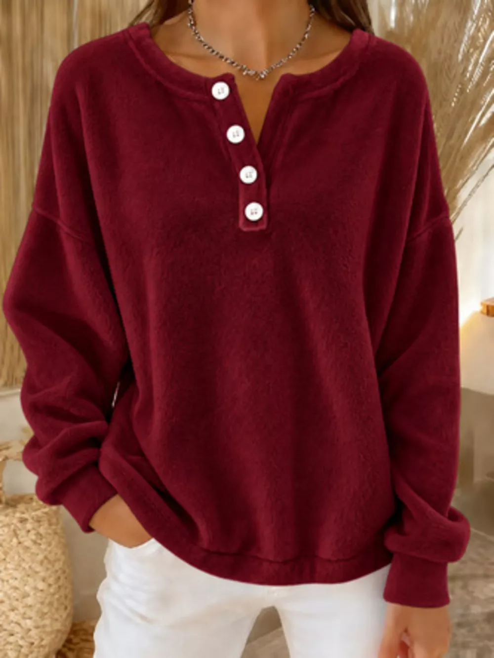 Button Detail Dropped Shoulder Sweatshirt, image 3
