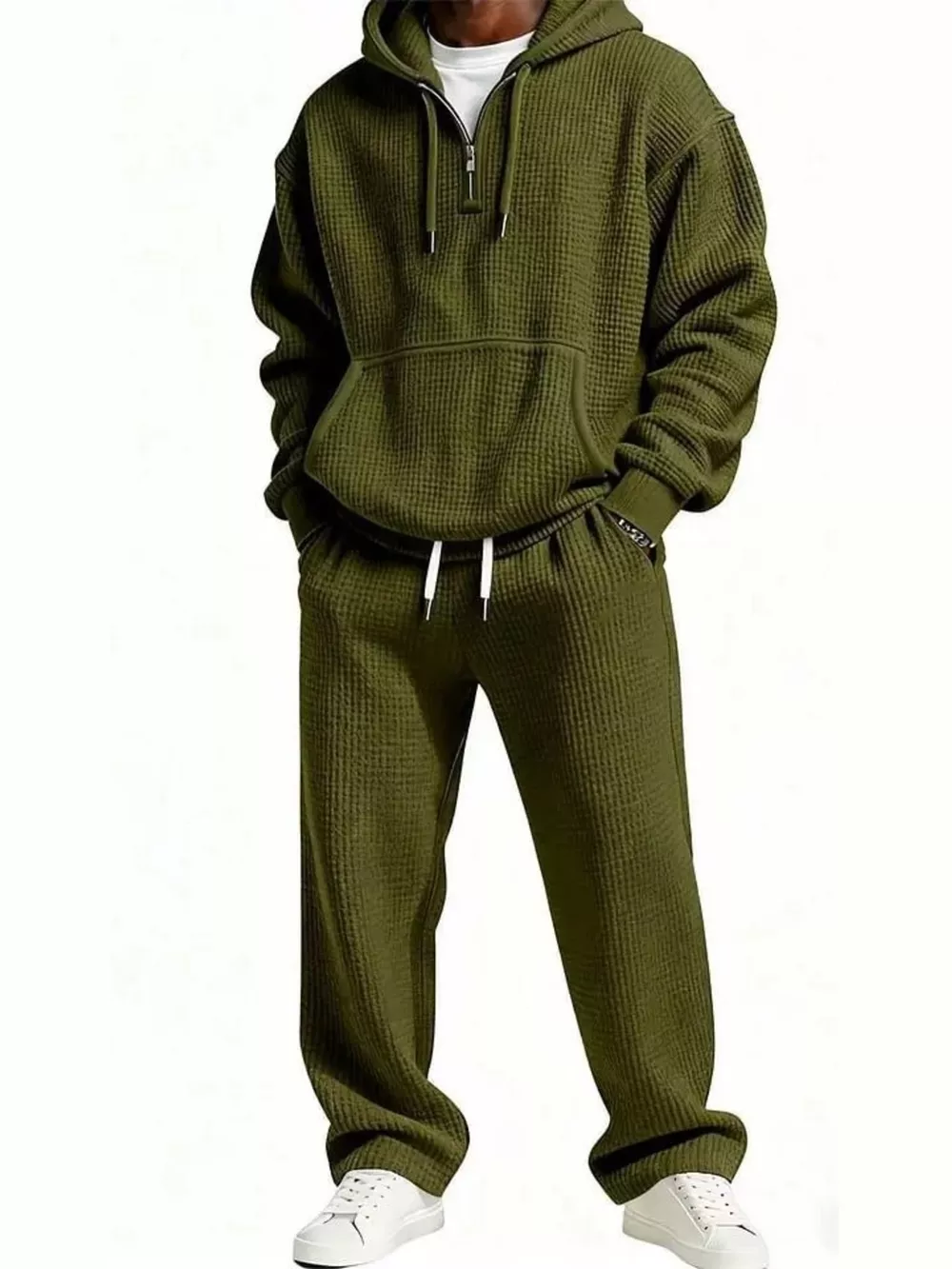 Men's Full Size Casual Waffle Knit Hoodie and Pants Set Plus Size