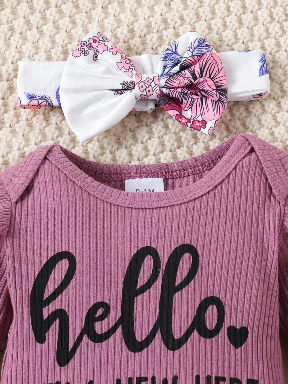 Children's Letter Ribbed Bodysuit and Pants Set with Headband & Hat, image 2