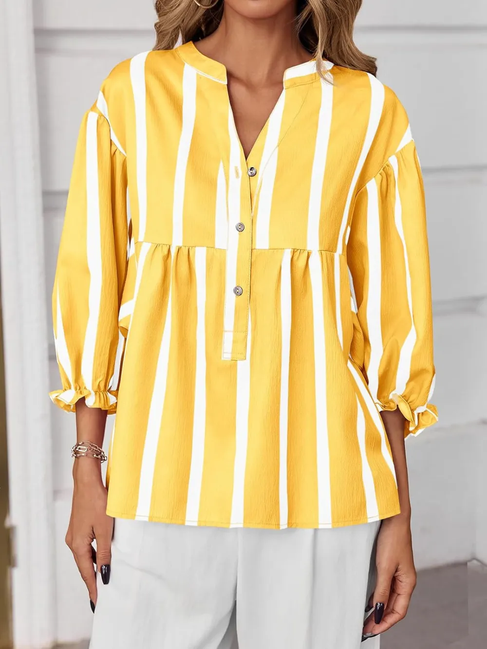 Striped Button Front Notched Blouse, image 15