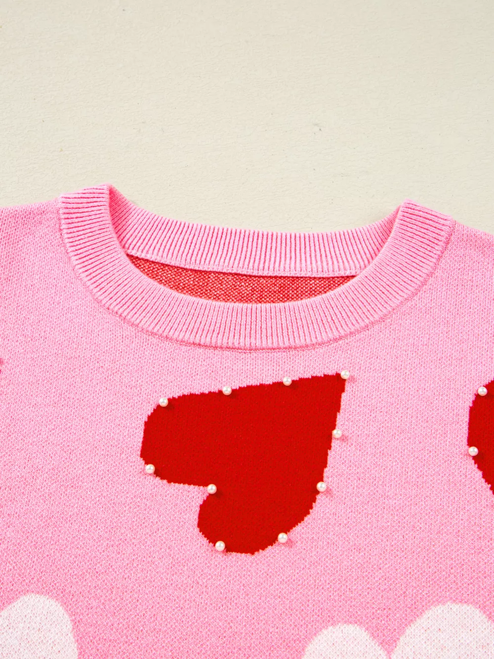 Pearl Embellished Heart Pattern Valentines Day Sweater, image 8