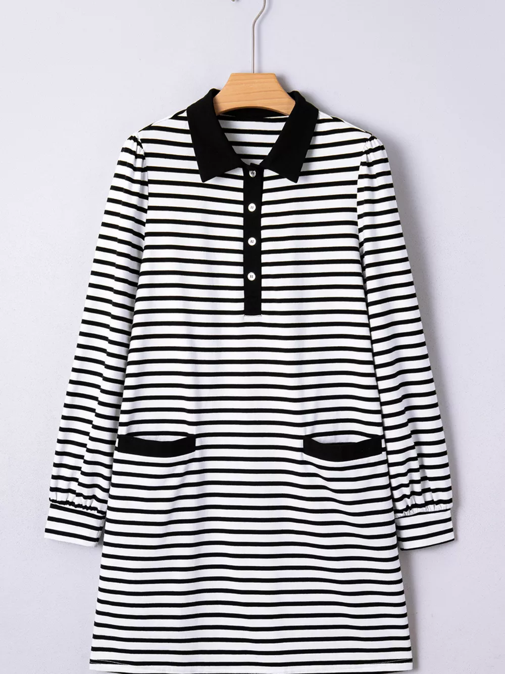 Stripe Buttoned Front Collared Long Sleeve T Shirt Dress with Pockets, image 8