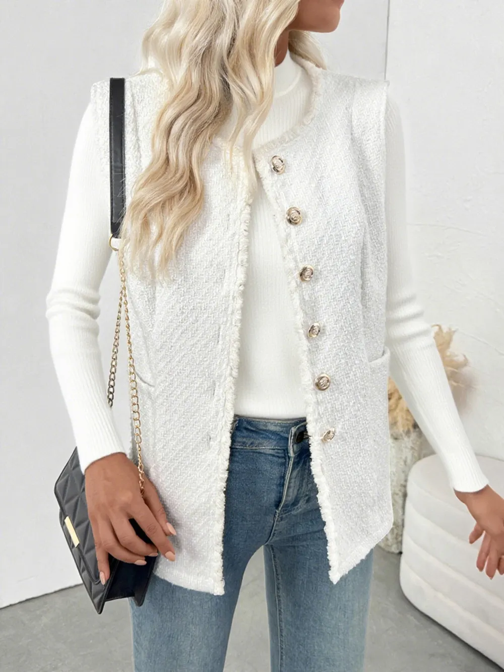 Textured Button-Front Vest with Raw Edge, image 8