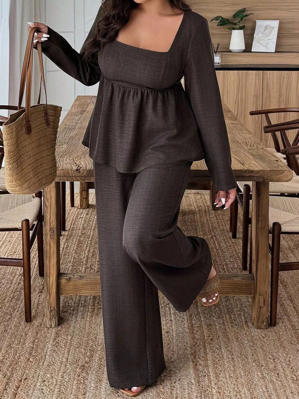 Plus Size Square Neck Long Sleeve Top and Pants Two-Piece Set, image 2