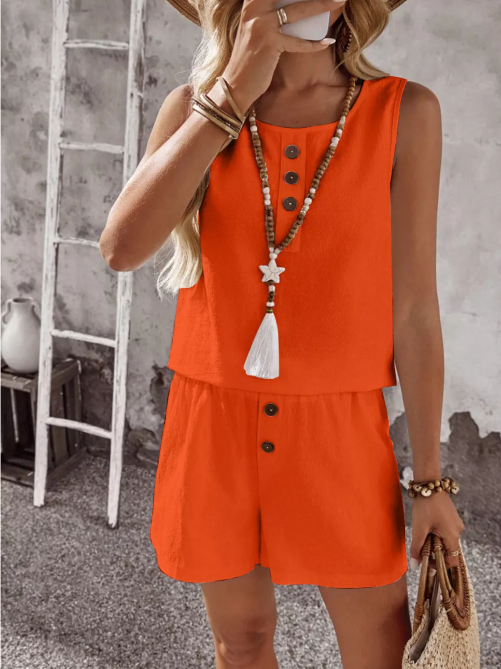 Decor Button Round Neck Tank and Shorts Set, image 15