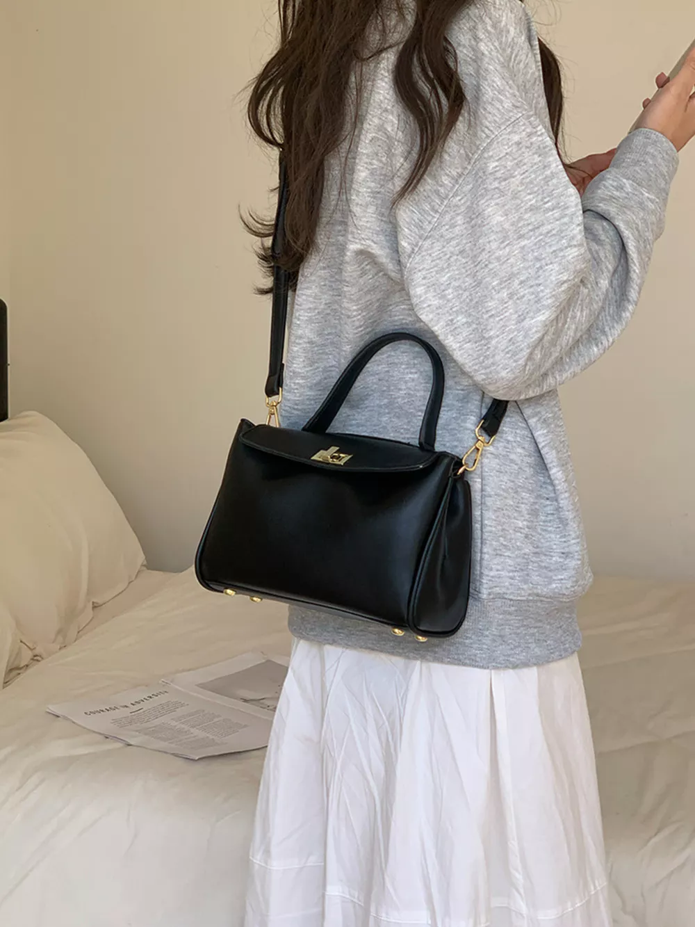 Golden Clasp Leather Crossbody Bag, image 11