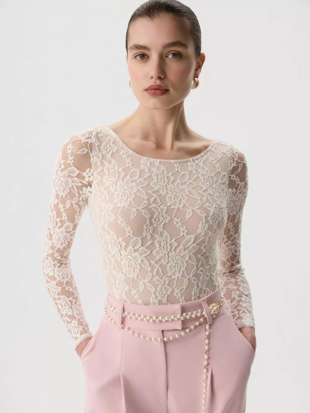 Lace Round Neck Long Sleeve Top, image 8