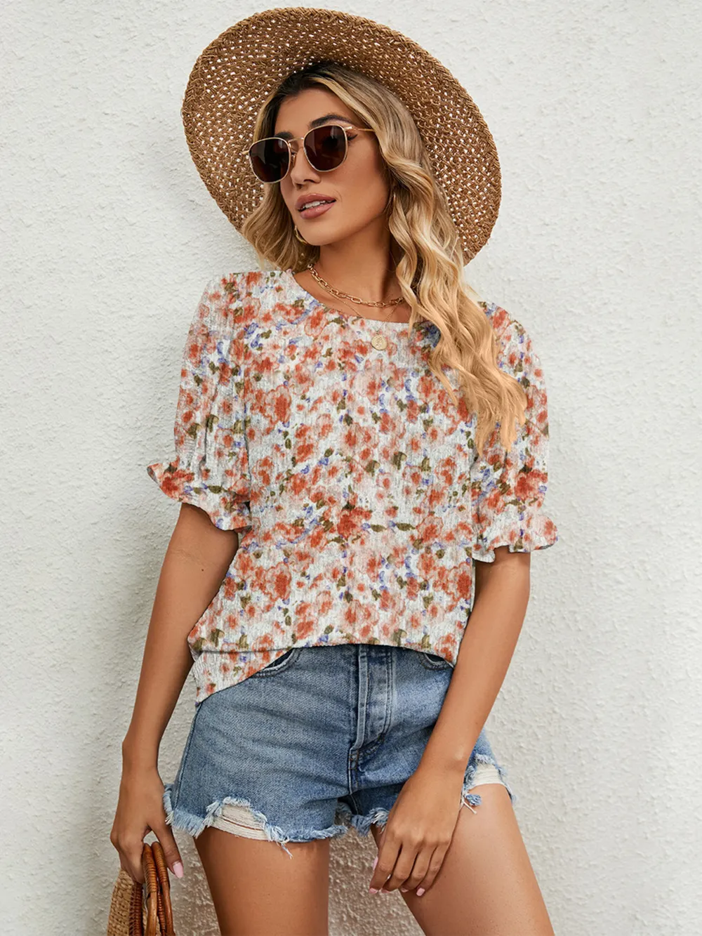 Printed Puff Sleeve Casual Blouse, image 14