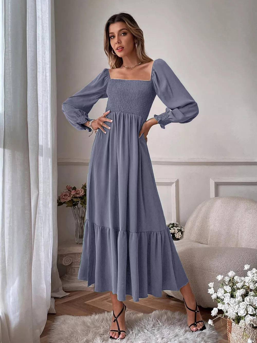 Smocked Long Sleeve Midi Dress, image 12