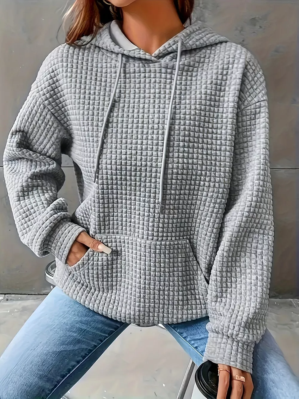 Textured Knit Drawstring Hoodie, image 24
