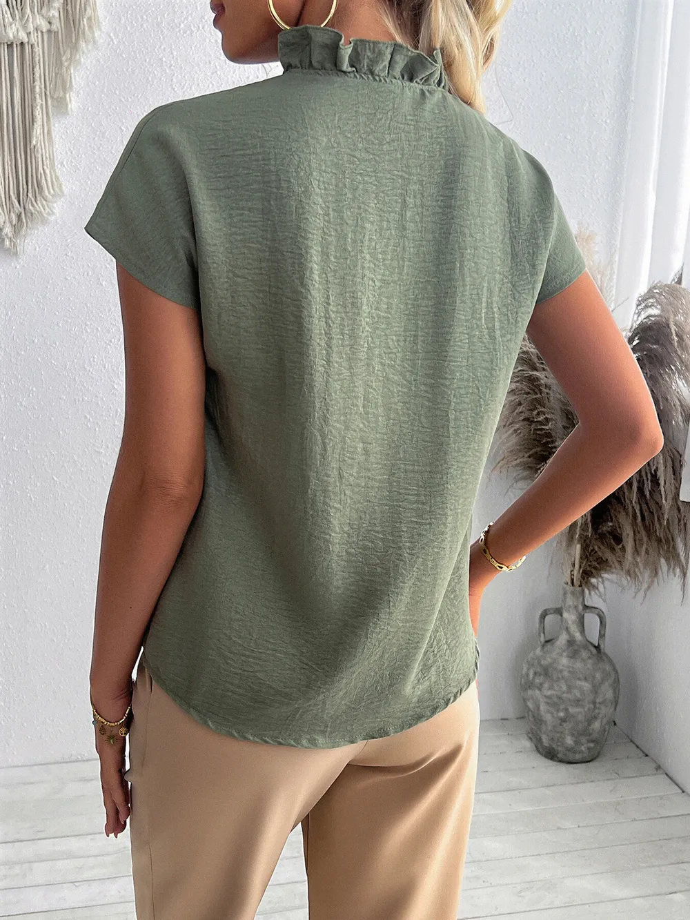Ruffled V-Neck Short Sleeve Blouse, image 8