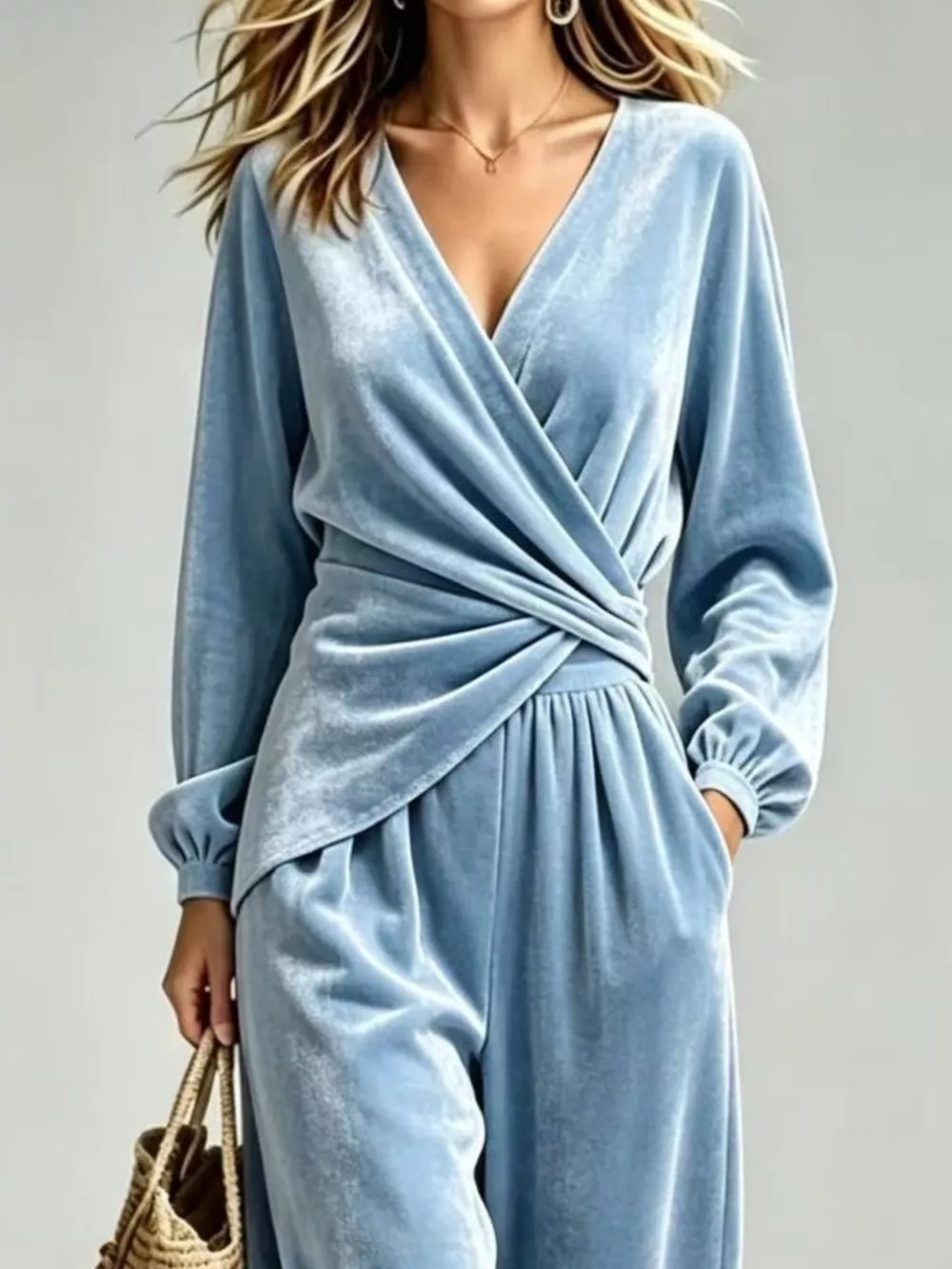Velvet Wrap-Front Top and Pants Set, image 6