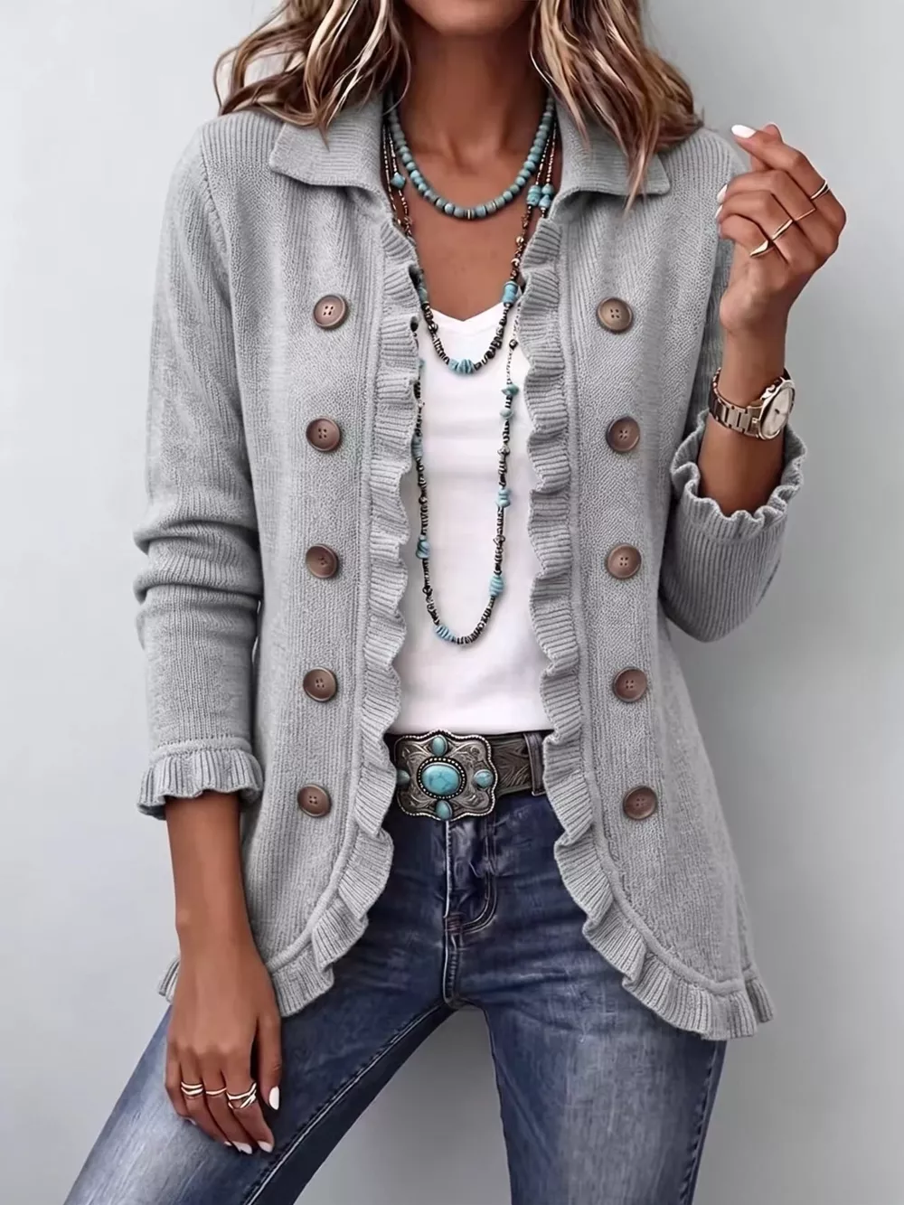 Full Size Ruffled Trim Decorative Button Cardigan Plus Size, image 7