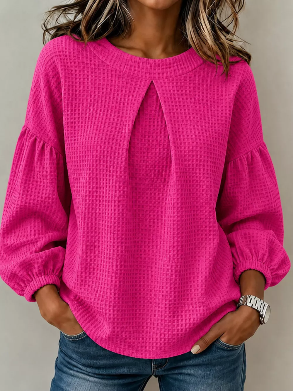 Waffle Knit Round Neck Top, image 12