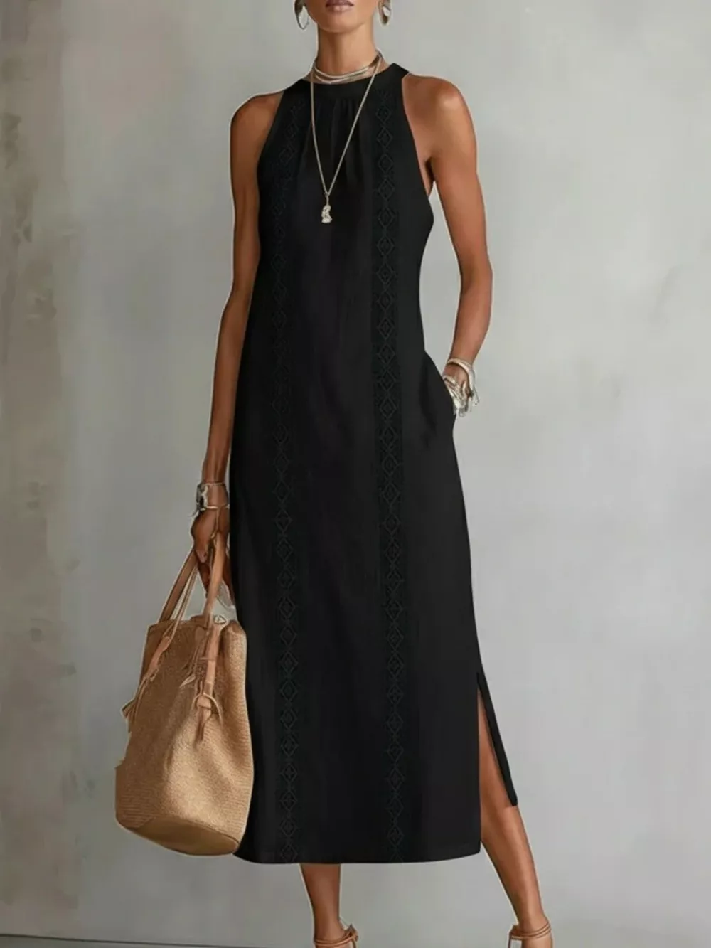 Side Slit Sleeveless Hollow-Out Trimmed Midi Dress